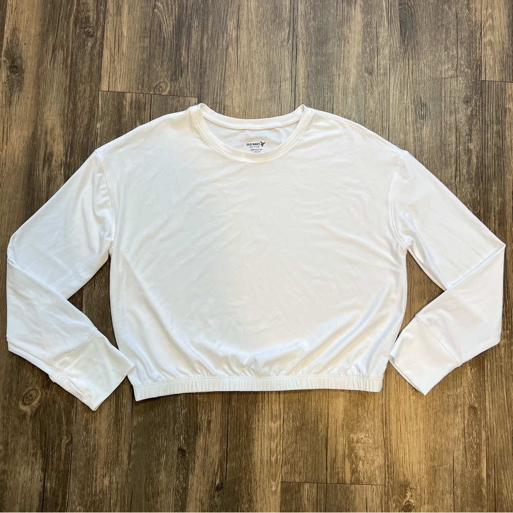 Old Navy White Long Sleeves Pullover Top With Elastic Waistband Thumb Holes 12
